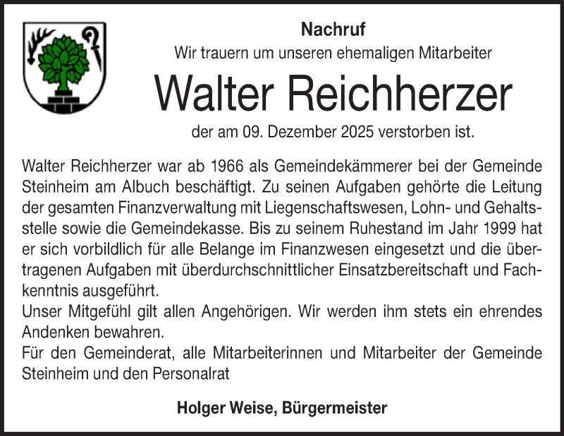  Traueranzeige für Walter Reichherzer vom 31.12.2025 aus Heidenheimer Zeitung