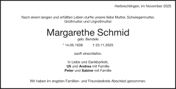 Traueranzeige von Margarethe Schmid von Heidenheimer Zeitung