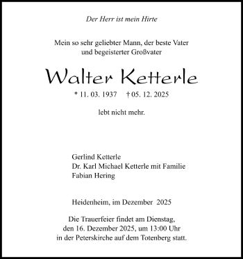 Traueranzeige von Walter Ketterle von Heidenheimer Zeitung