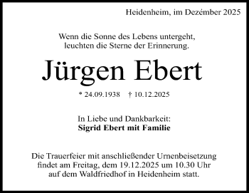 Traueranzeige von Jürgen Ebert von Heidenheimer Zeitung