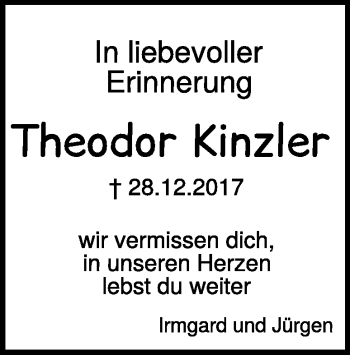 Traueranzeige von Theodor Kinzler von Heidenheimer Zeitung