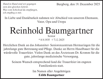 Traueranzeige von Reinhold Baumgartner von Heidenheimer Zeitung