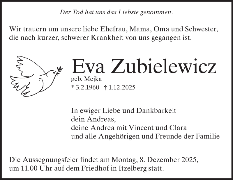  Traueranzeige für Eva Zubielewicz vom 06.12.2025 aus Heidenheimer Zeitung