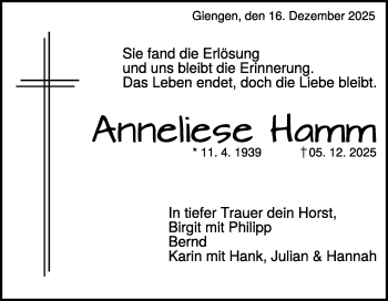Traueranzeige von Anneliese Hamm von Heidenheimer Zeitung