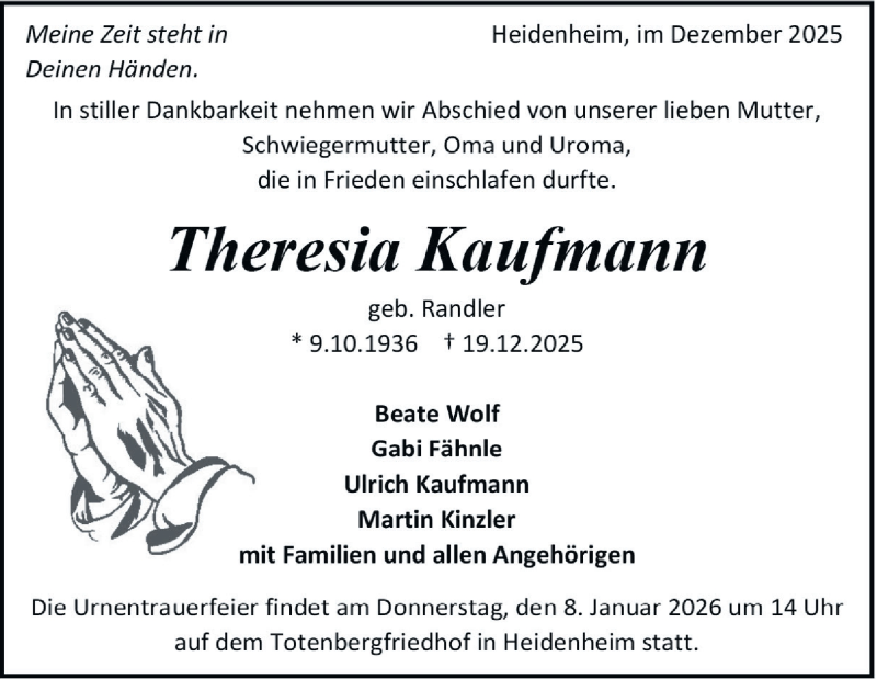  Traueranzeige für Theresia Kaufmann vom 27.12.2025 aus Heidenheimer Zeitung