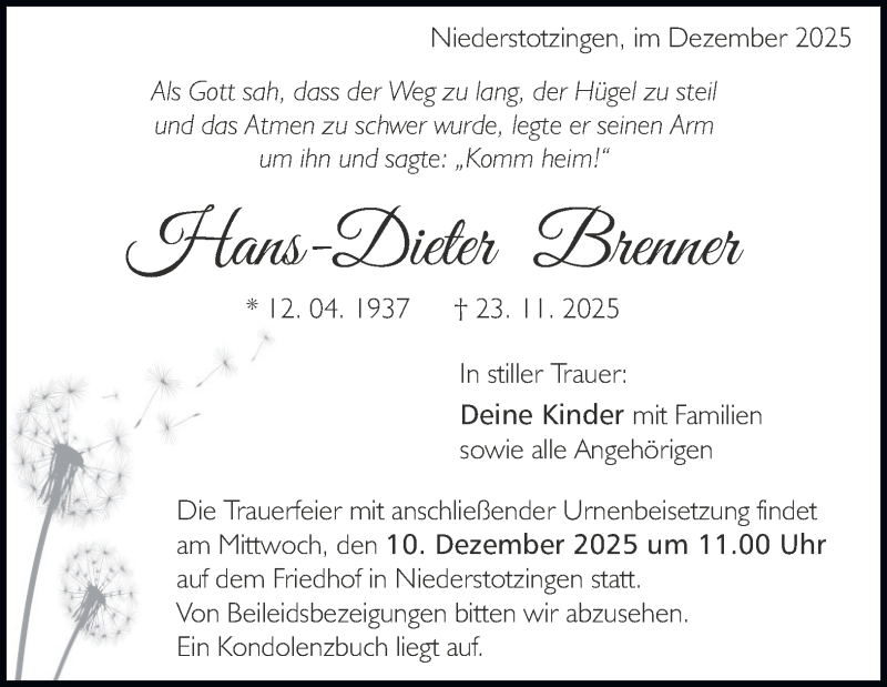  Traueranzeige für Hans-Dieter Brenner vom 06.12.2025 aus Heidenheimer Zeitung