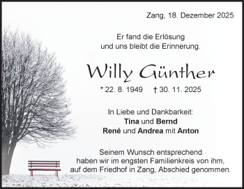 Traueranzeige von Willy Günther von Heidenheimer Zeitung