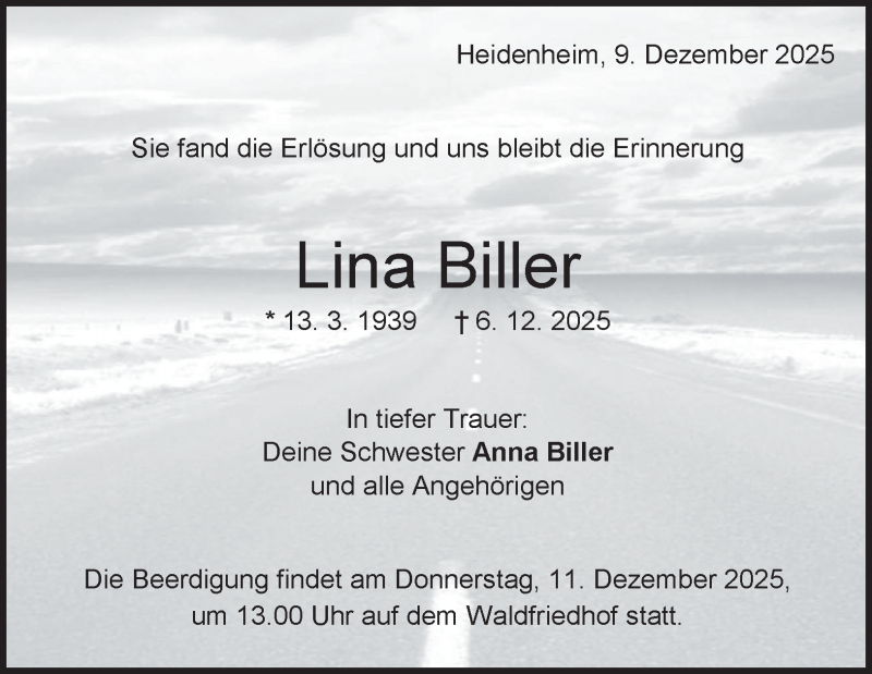  Traueranzeige für Lina Biller vom 09.12.2025 aus Heidenheimer Zeitung