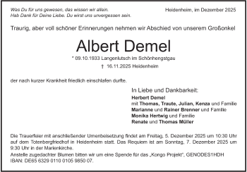 Traueranzeige von Albert Demel von Heidenheimer Zeitung