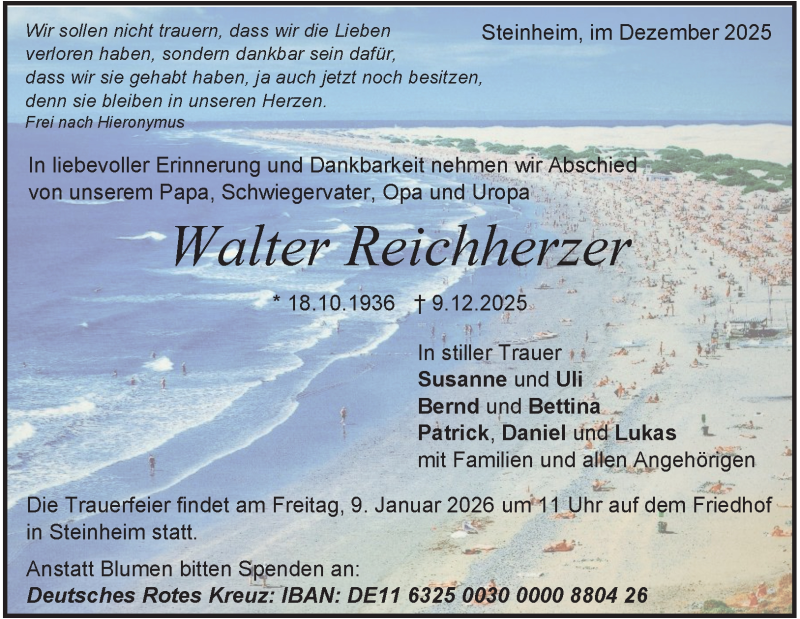  Traueranzeige für Walter Reichherzer vom 31.12.2025 aus Heidenheimer Zeitung