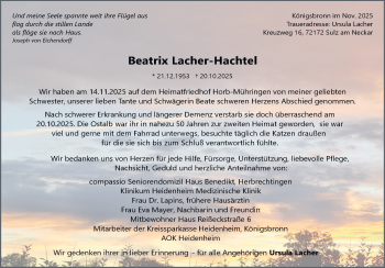 Traueranzeige von Beatrix Lacher-Hachtel von Heidenheimer Zeitung