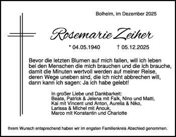 Traueranzeige von Rosemarie Zeiher von Heidenheimer Zeitung