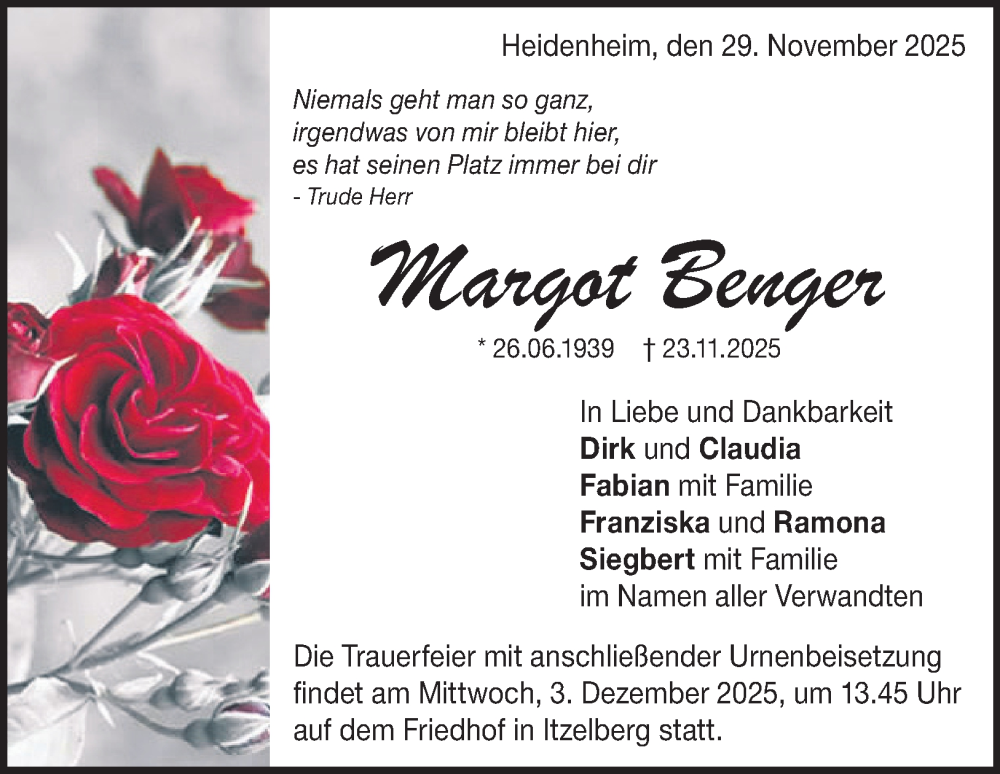  Traueranzeige für Margot Benger vom 29.11.2025 aus 