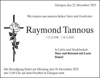Traueranzeige von Raymond Tannous von Heidenheimer Zeitung