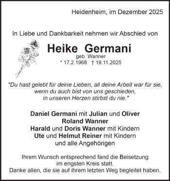 Traueranzeige von Heike Germani von Heidenheimer Zeitung