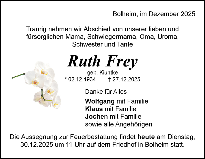  Traueranzeige für Ruth Frey vom 30.12.2025 aus Heidenheimer Zeitung