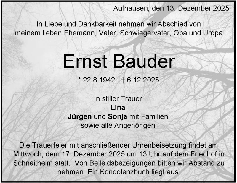  Traueranzeige für Ernst Bauder vom 13.12.2025 aus Heidenheimer Zeitung
