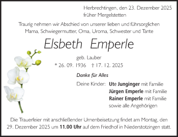 Traueranzeige von Elsbeth Emperle von Heidenheimer Zeitung