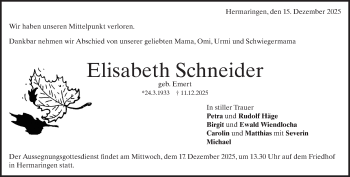 Traueranzeige von Elisabeth Schneider von Heidenheimer Zeitung