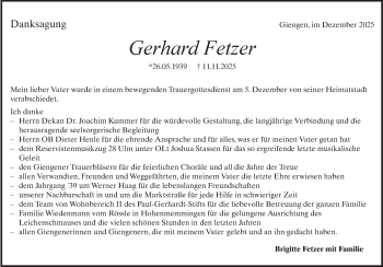 Traueranzeige von Gerhard Fetzer von Heidenheimer Zeitung