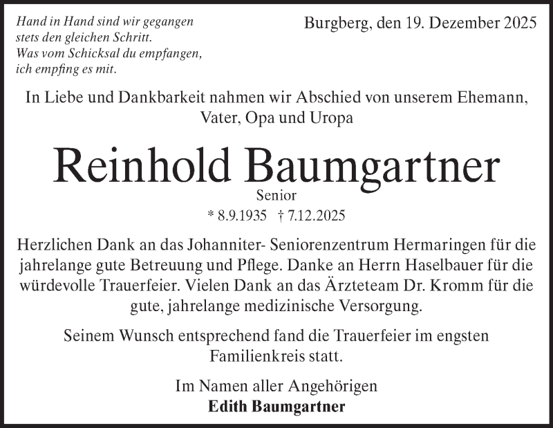  Traueranzeige für Reinhold Baumgartner vom 19.12.2025 aus Heidenheimer Zeitung
