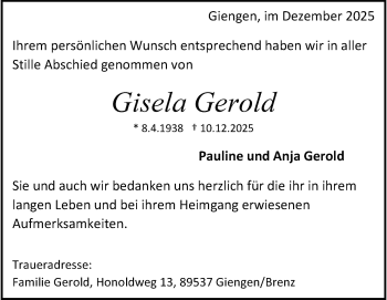 Traueranzeige von Gisela Gerold von Heidenheimer Zeitung