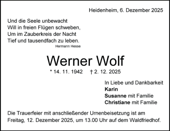 Traueranzeige von Werner Wolf von Heidenheimer Zeitung