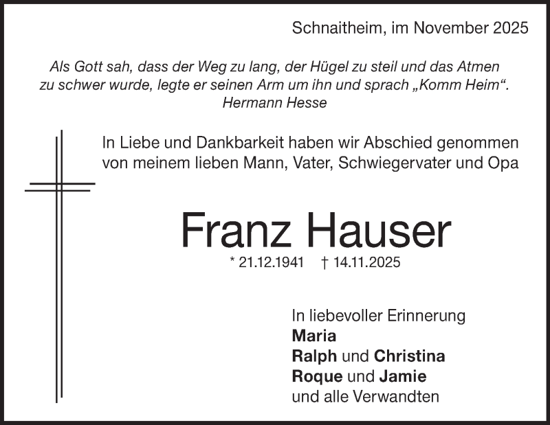  Traueranzeige für Franz Hauser vom 06.12.2025 aus Heidenheimer Zeitung