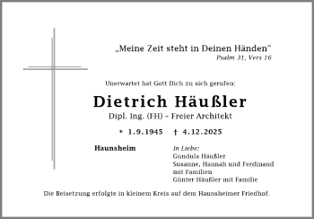 Traueranzeige von Dietrich Häußler von Heidenheimer Zeitung