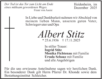 Traueranzeige von Albert Stitz von Heidenheimer Zeitung