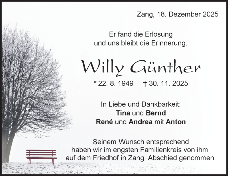  Traueranzeige für Willy Günther vom 18.12.2025 aus Heidenheimer Zeitung