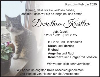 Traueranzeige von Dorothea Kastler von Heidenheimer Zeitung