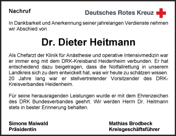 Traueranzeige von Dieter Heitmann von Heidenheimer Zeitung