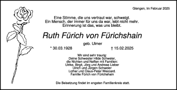 Traueranzeige von Ruth Fürich von Fürichshain von Heidenheimer Zeitung