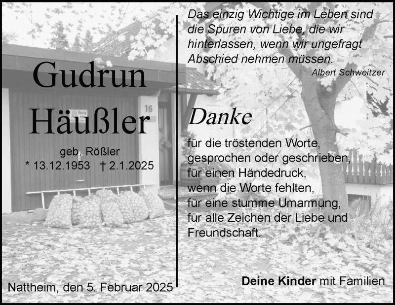  Traueranzeige für Gudrun Häußler vom 05.02.2025 aus Heidenheimer Zeitung
