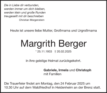 Traueranzeige von Margrith Berger von Heidenheimer Zeitung