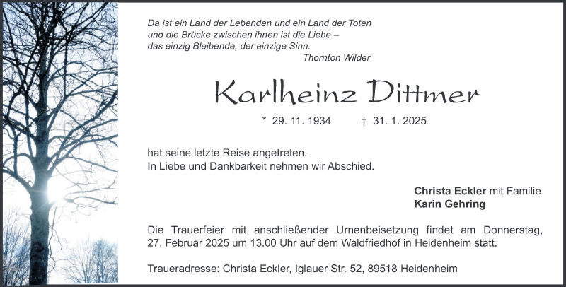  Traueranzeige für Karlheinz Dittmer vom 22.02.2025 aus Heidenheimer Zeitung