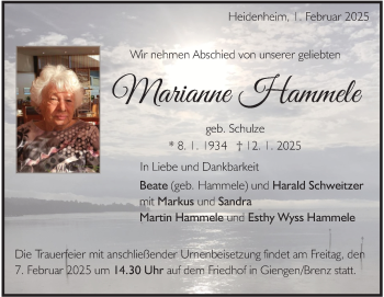 Traueranzeige von Marianne Hammele von Heidenheimer Zeitung