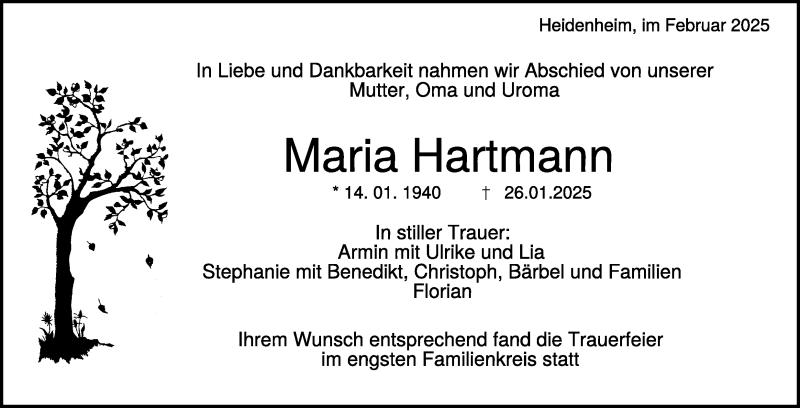  Traueranzeige für Maria Hartmann vom 15.02.2025 aus Heidenheimer Zeitung