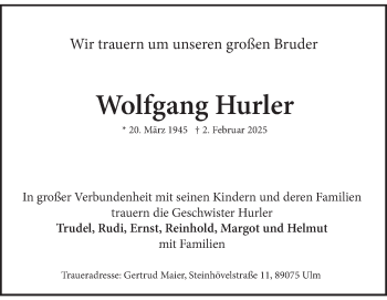 Traueranzeige von Wolfgang Hurler von Heidenheimer Zeitung