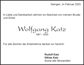 Traueranzeige von Wolfgang Katz von Heidenheimer Zeitung