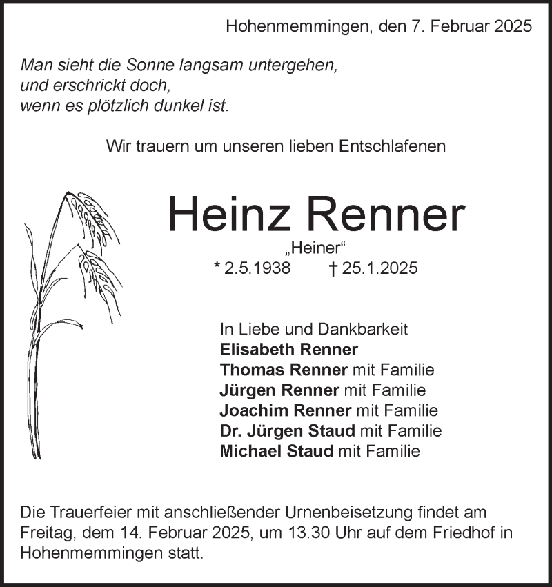  Traueranzeige für Heinz Renner vom 07.02.2025 aus Heidenheimer Zeitung
