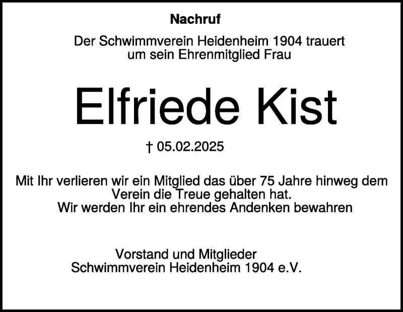  Traueranzeige für Elfriede Kist vom 11.02.2025 aus Heidenheimer Zeitung