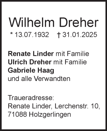 Traueranzeige von Wilhelm Dreher von Heidenheimer Zeitung