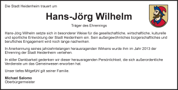 Traueranzeige von Hans-Jörg Wilhelm von Heidenheimer Zeitung