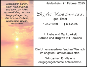 Traueranzeige von Sigrid Roschmann von Heidenheimer Zeitung