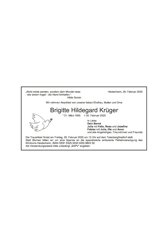 Traueranzeige von Brigitte Krüger 