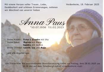 Traueranzeige von Anna  Paus von Heidenheimer Zeitung