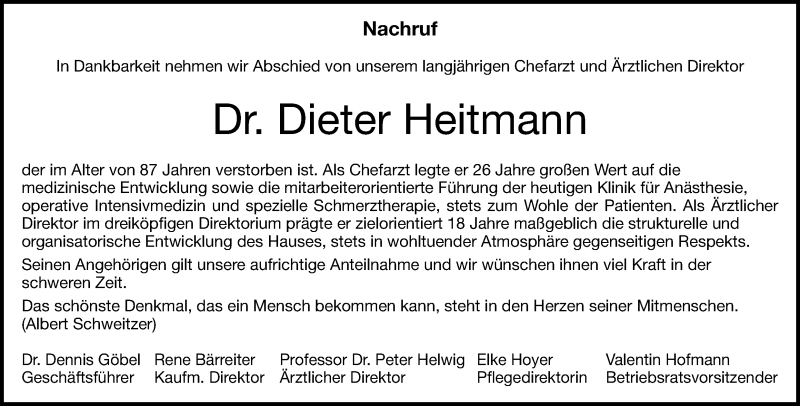  Traueranzeige für Dr. med. Dieter Heitmann vom 14.02.2025 aus Heidenheimer Zeitung