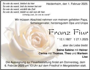 Traueranzeige von Franz Fiur von Heidenheimer Zeitung